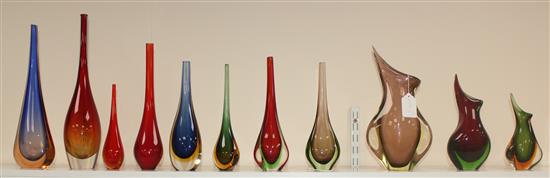 Eleven Murano Sommerso glass vases, 1950s-70s, 18cm - 38cm